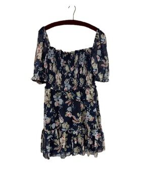 Aritzia Wilfred Laken Mini Dress Navy Floral Chiffon Puff Sleeve Size L